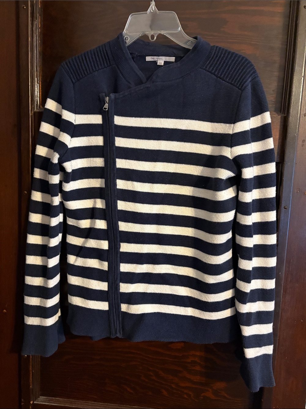GAP Navy and White Striped asymmetrical Zip Cardigan